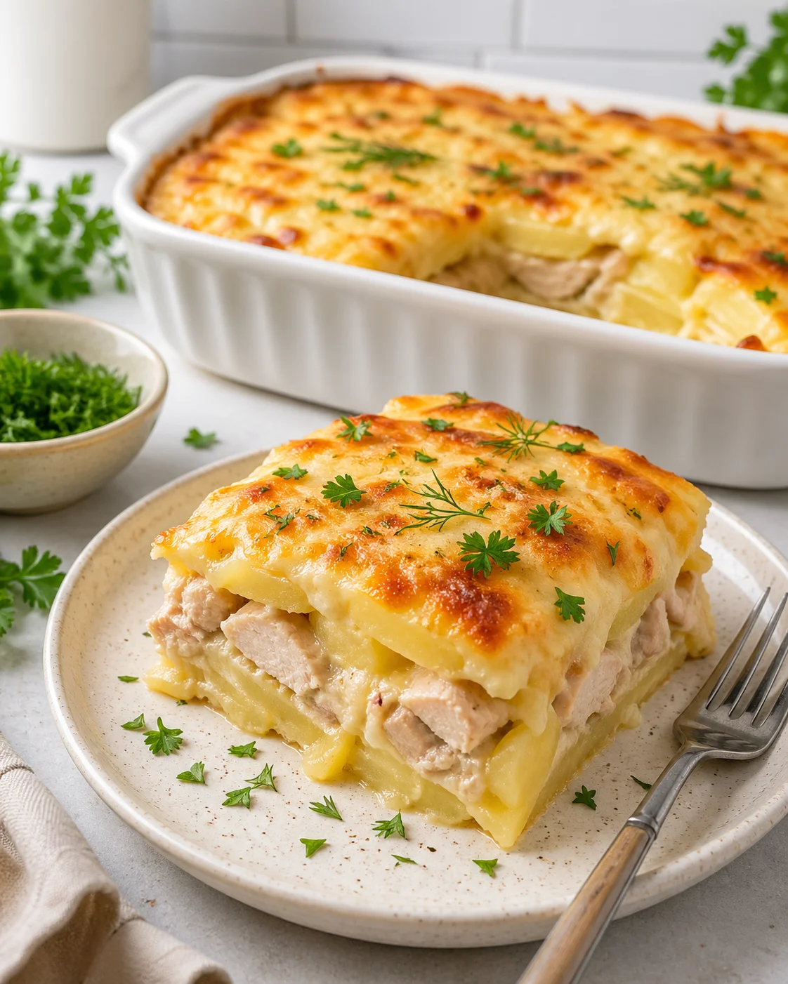 Potato casserole with chicken and cheese