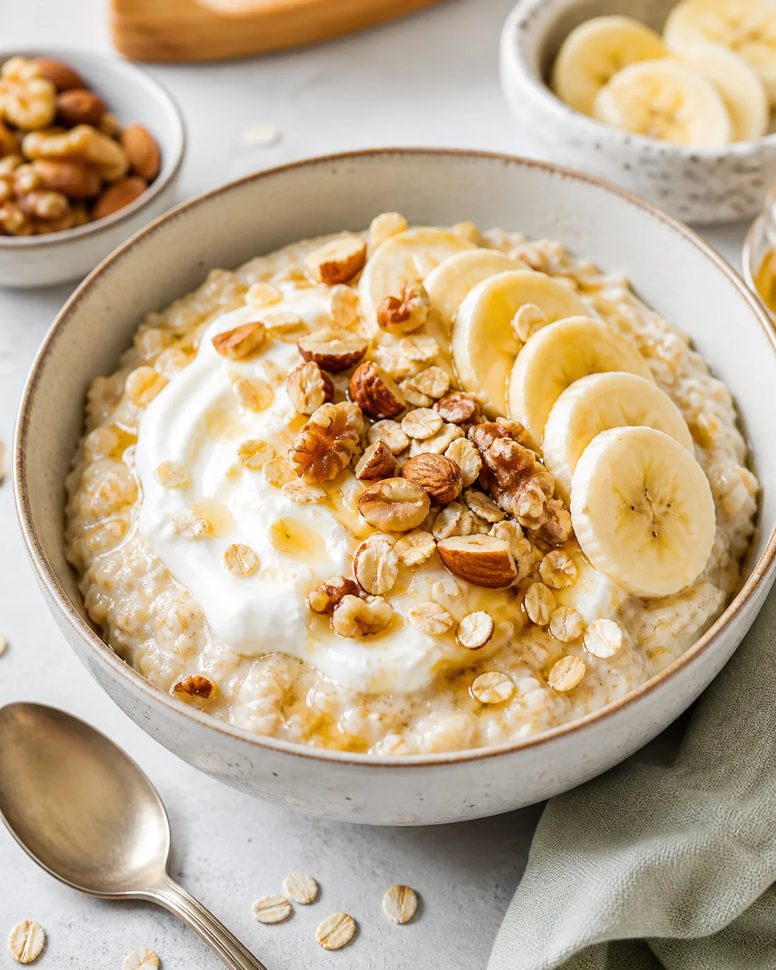 Oatmeal with yogurt, banana and nuts