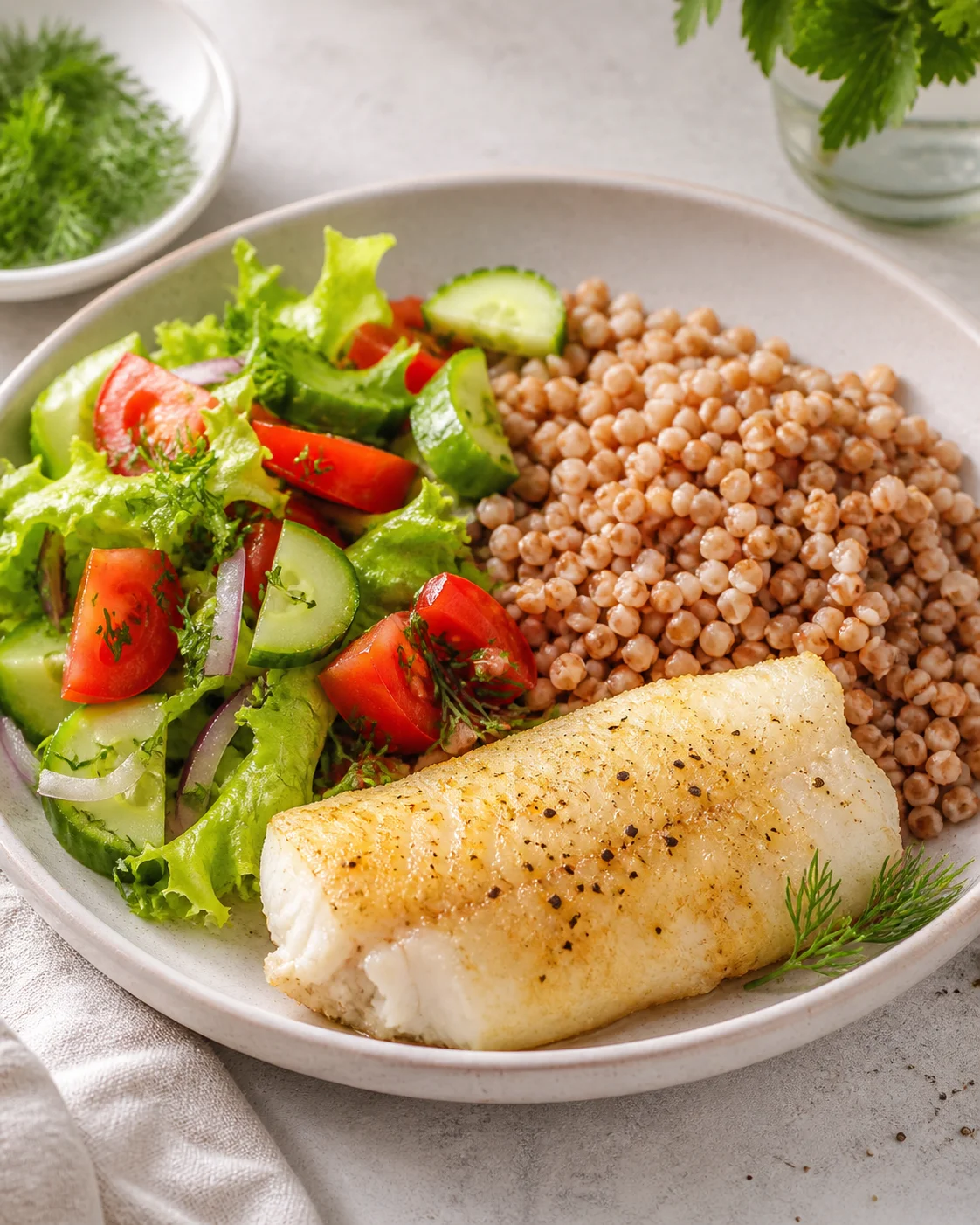 Hake with buckwheat and vegetable salad