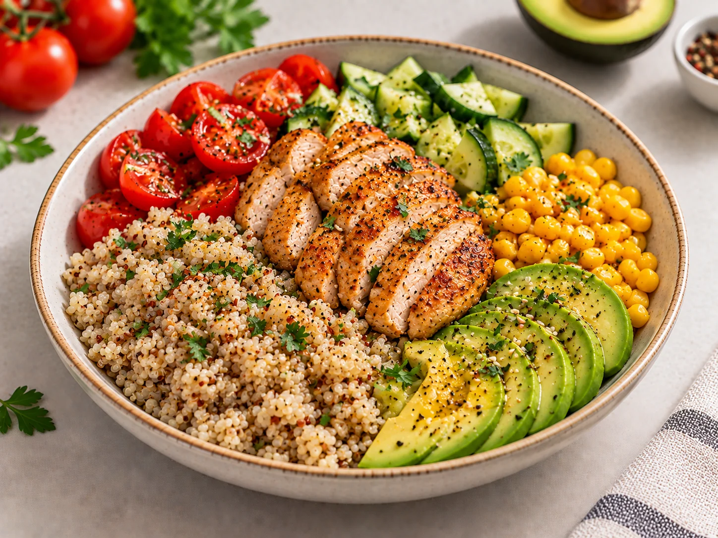 Quinoa bowl with chicken and avocado