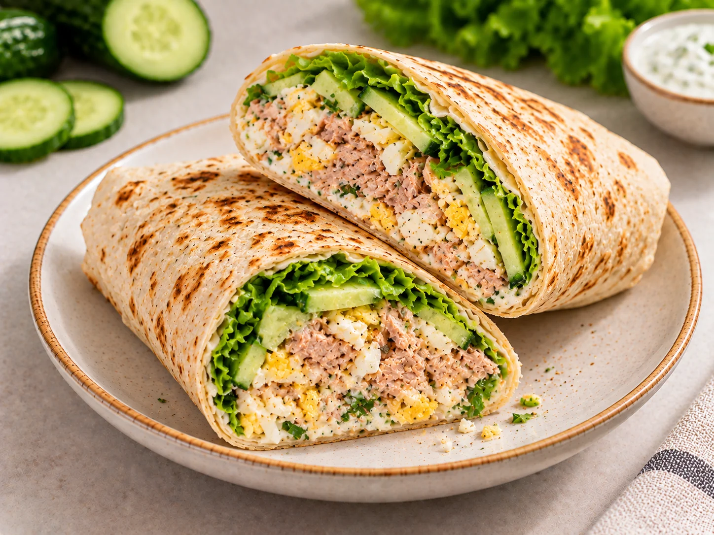 Lavash with tuna, egg and vegetables