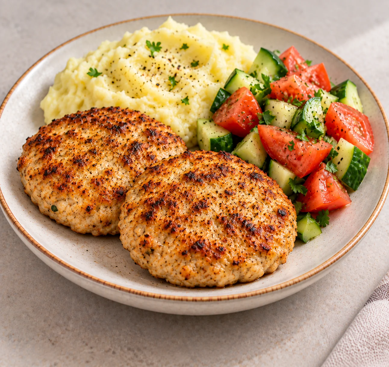 Chicken patties with mashed potatoes and salad