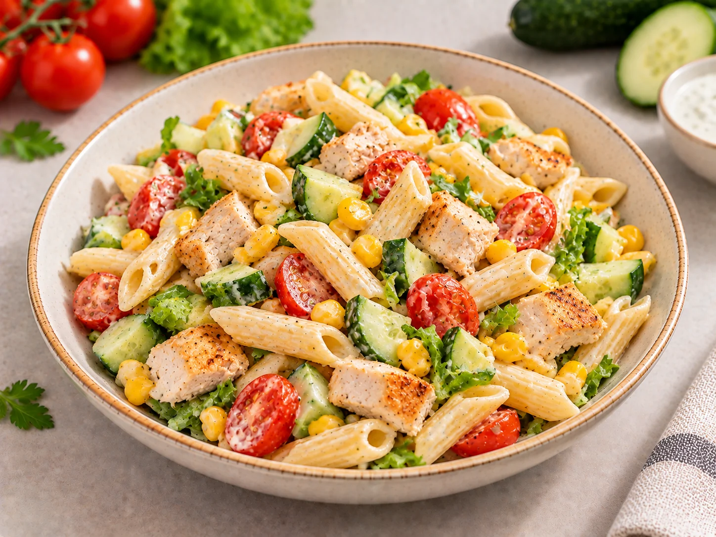 Salad with pasta, chicken and yogurt dressing