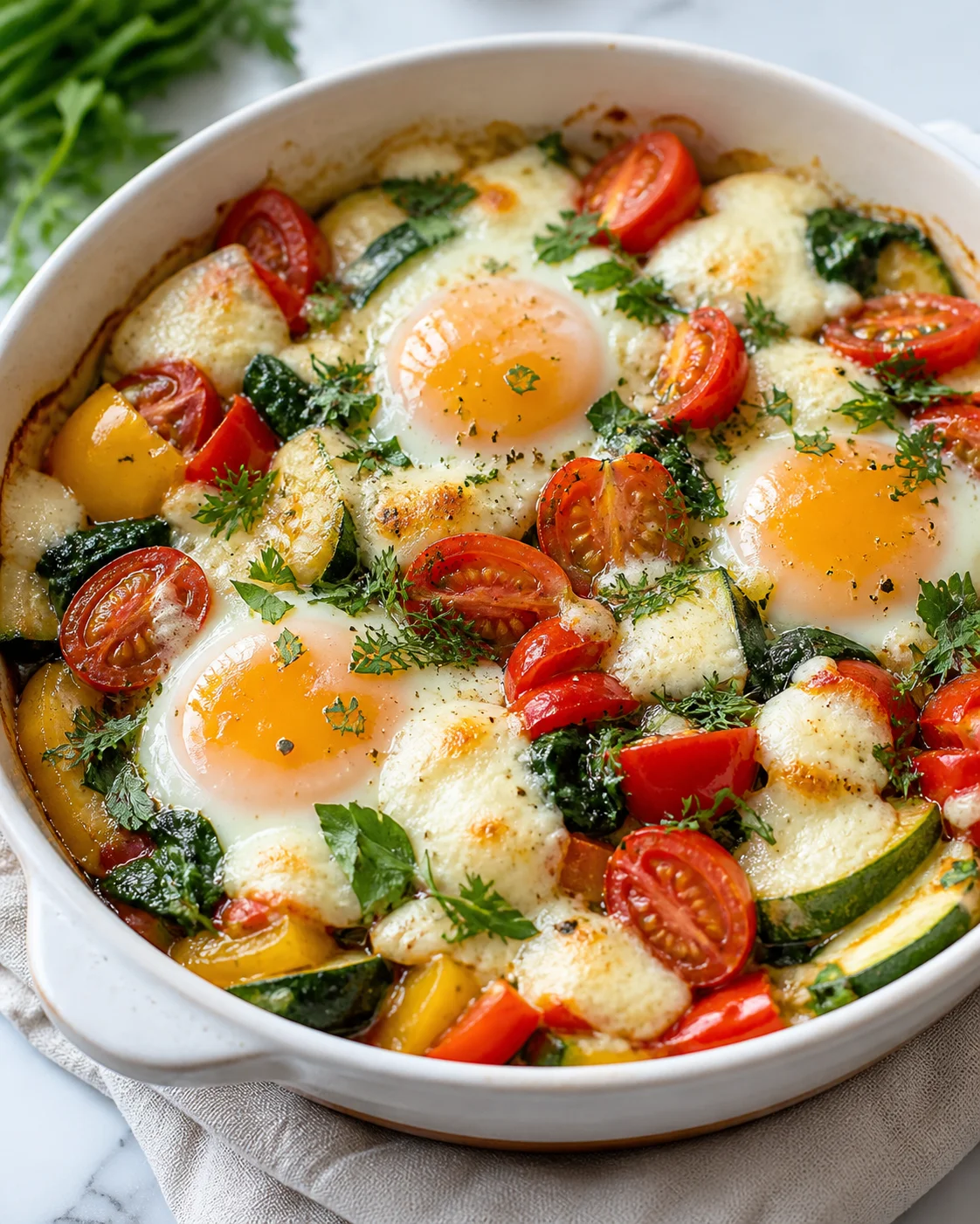 Baked eggs with vegetables and mozzarella