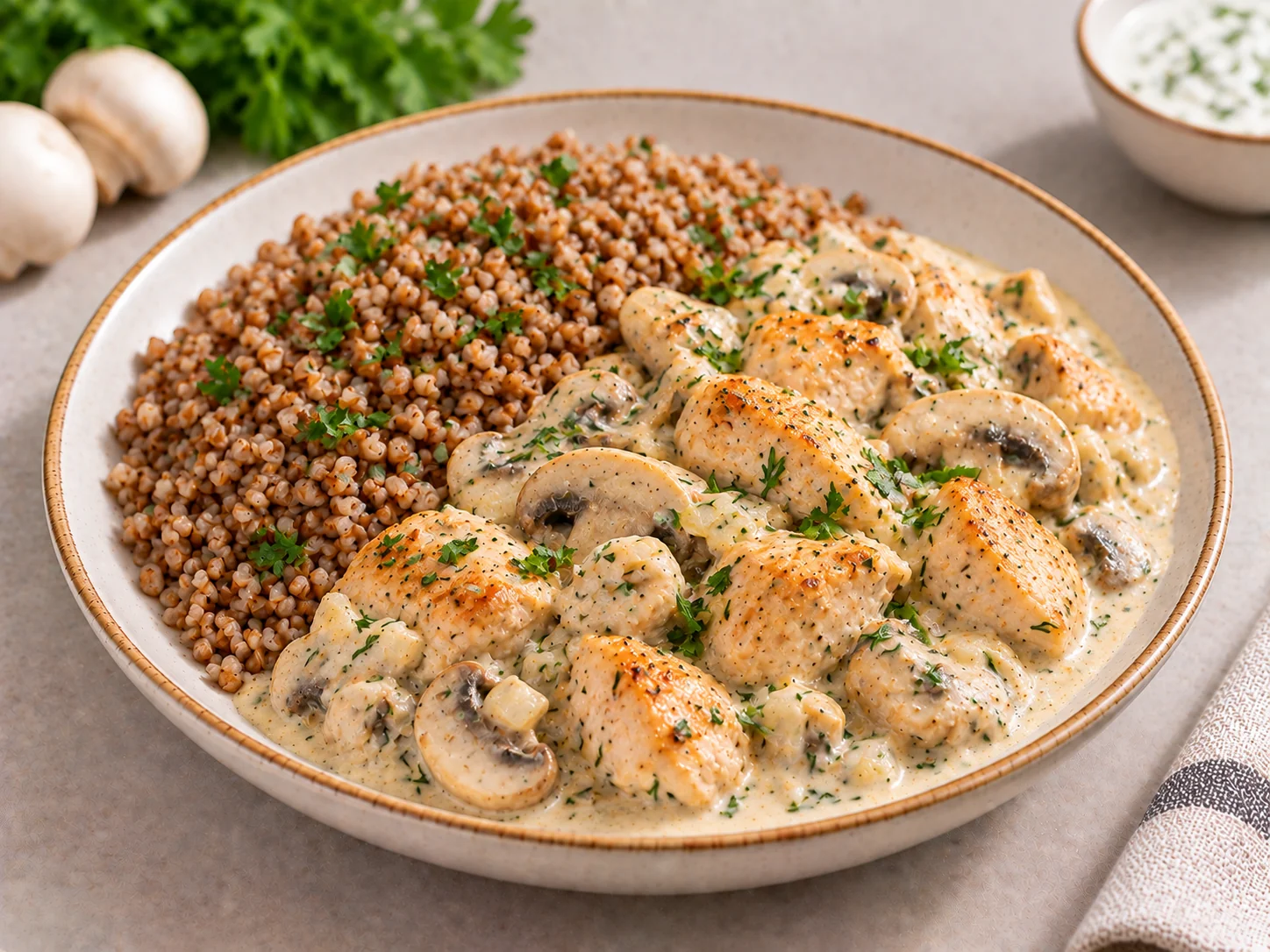 Chicken in yogurt sauce with buckwheat