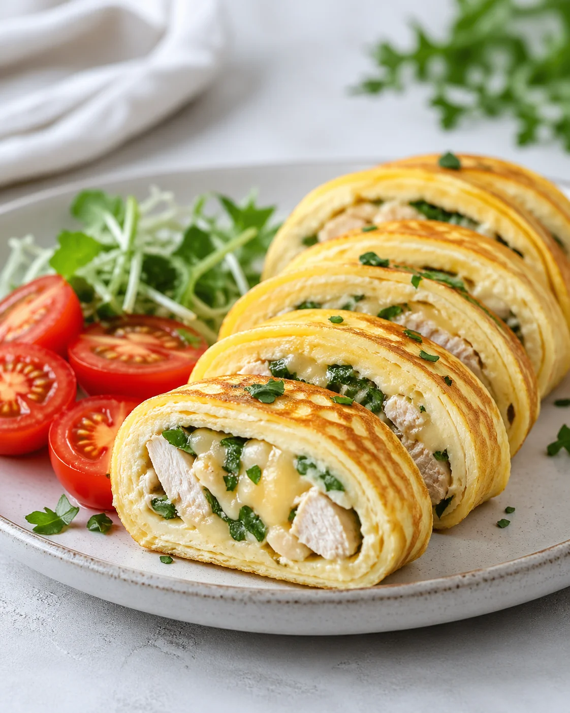 Omelette roll with chicken, cheese and herbs