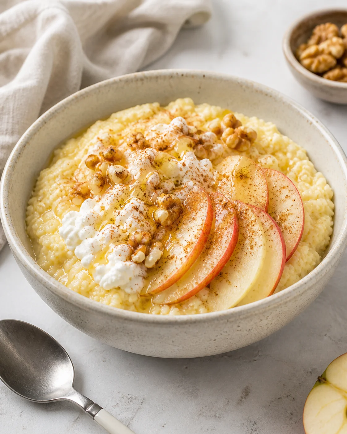 Millet porridge with curd cheese, apple and cinnamon