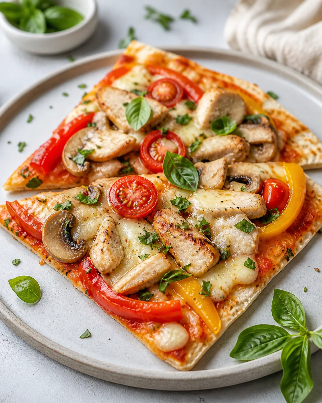 Lavash pizza with chicken and vegetables