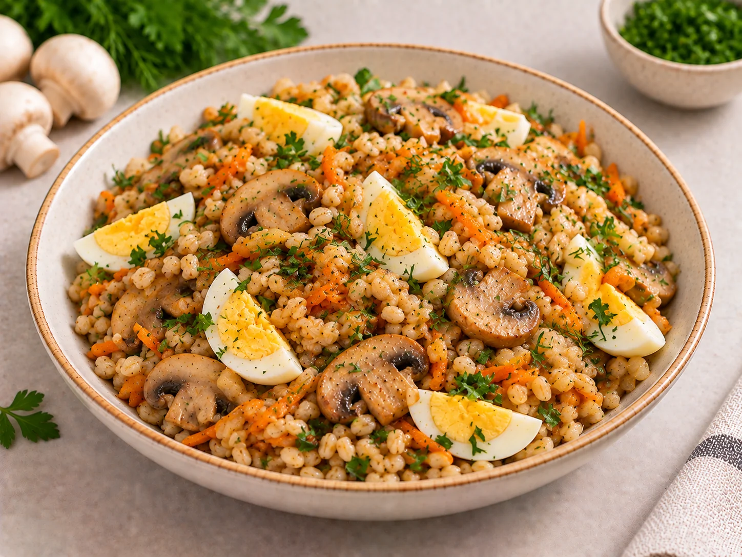 Pearl barley with mushrooms, egg and herbs