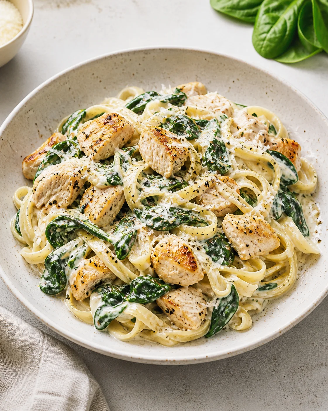 Pasta with chicken, spinach and yogurt sauce