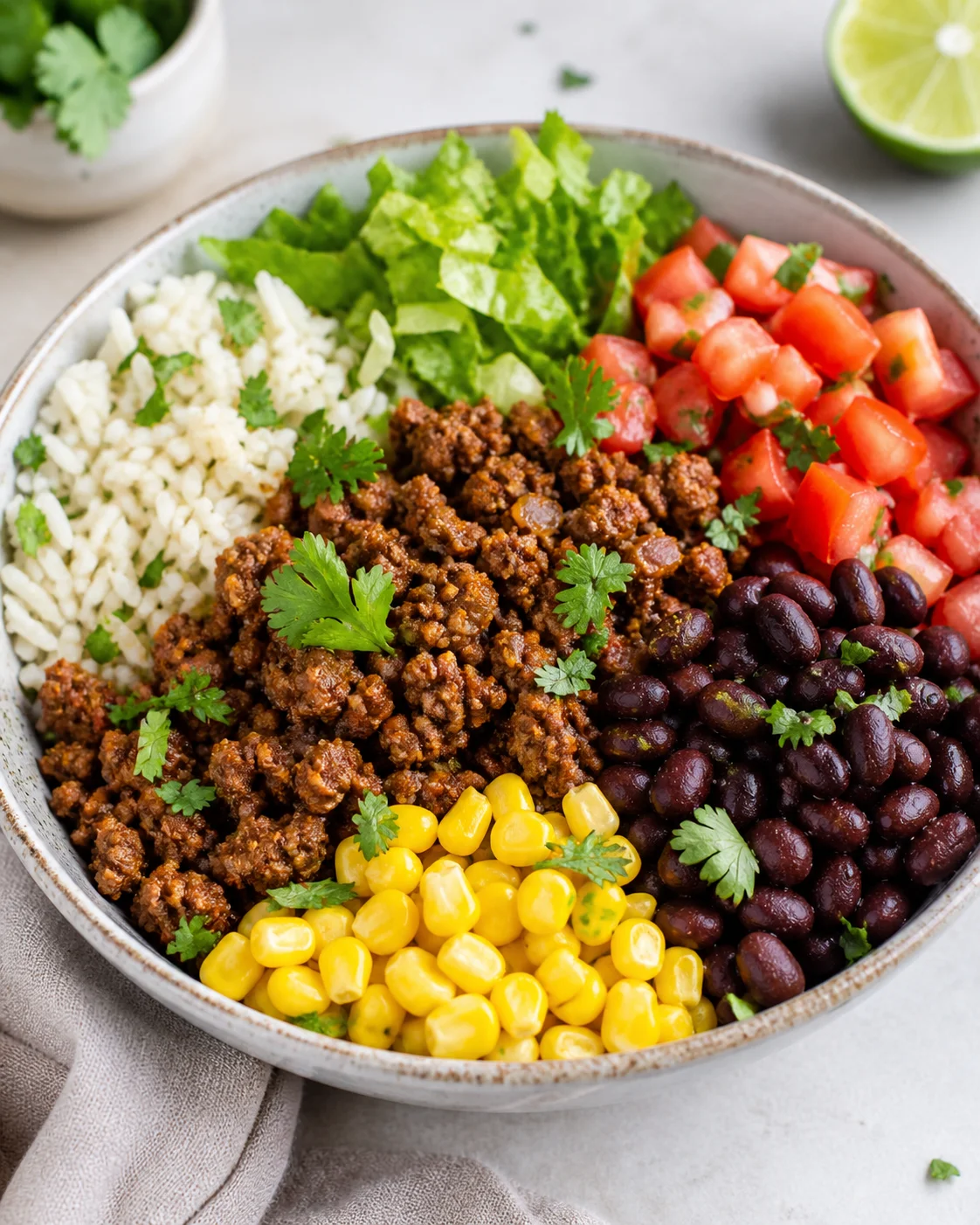 Burrito bowl with minced beef and beans