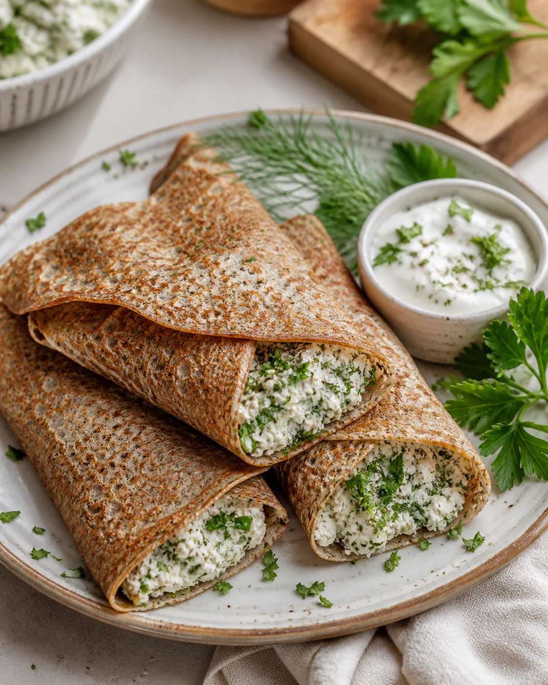Buckwheat pancakes with curd cheese and herbs