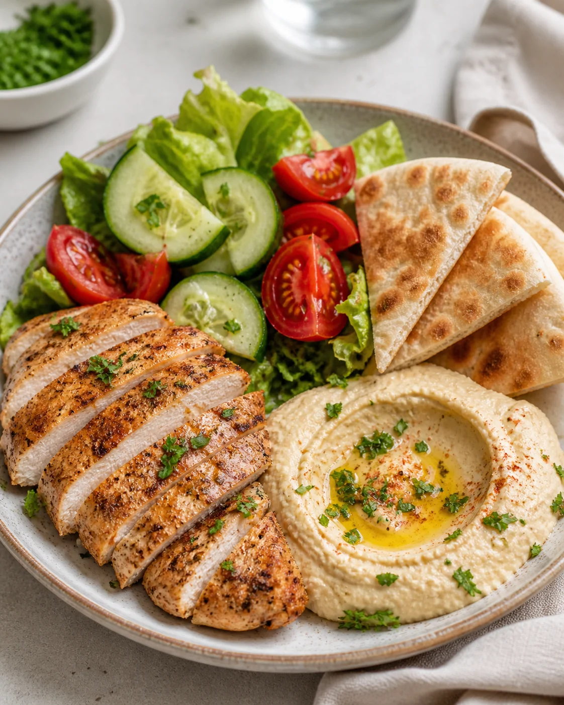 Chicken with hummus, vegetables and pita bread