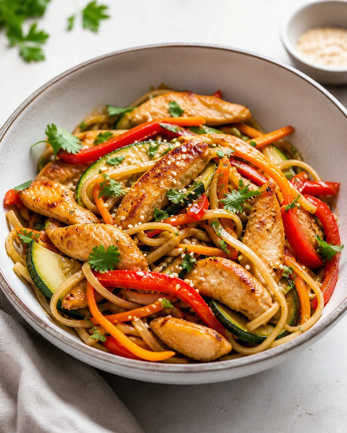 Chicken noodles with vegetables and soy sauce