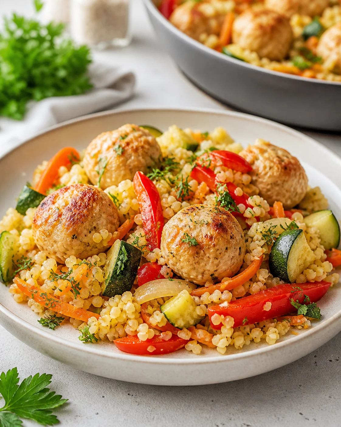 Bulgur with chicken meatballs and vegetables