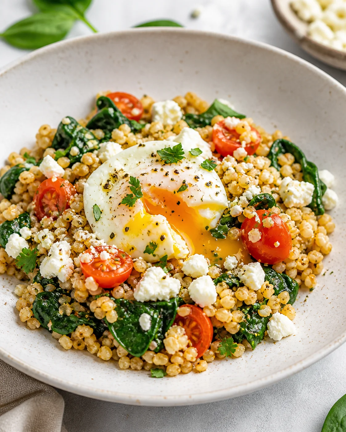 Bulgur with egg, spinach and feta