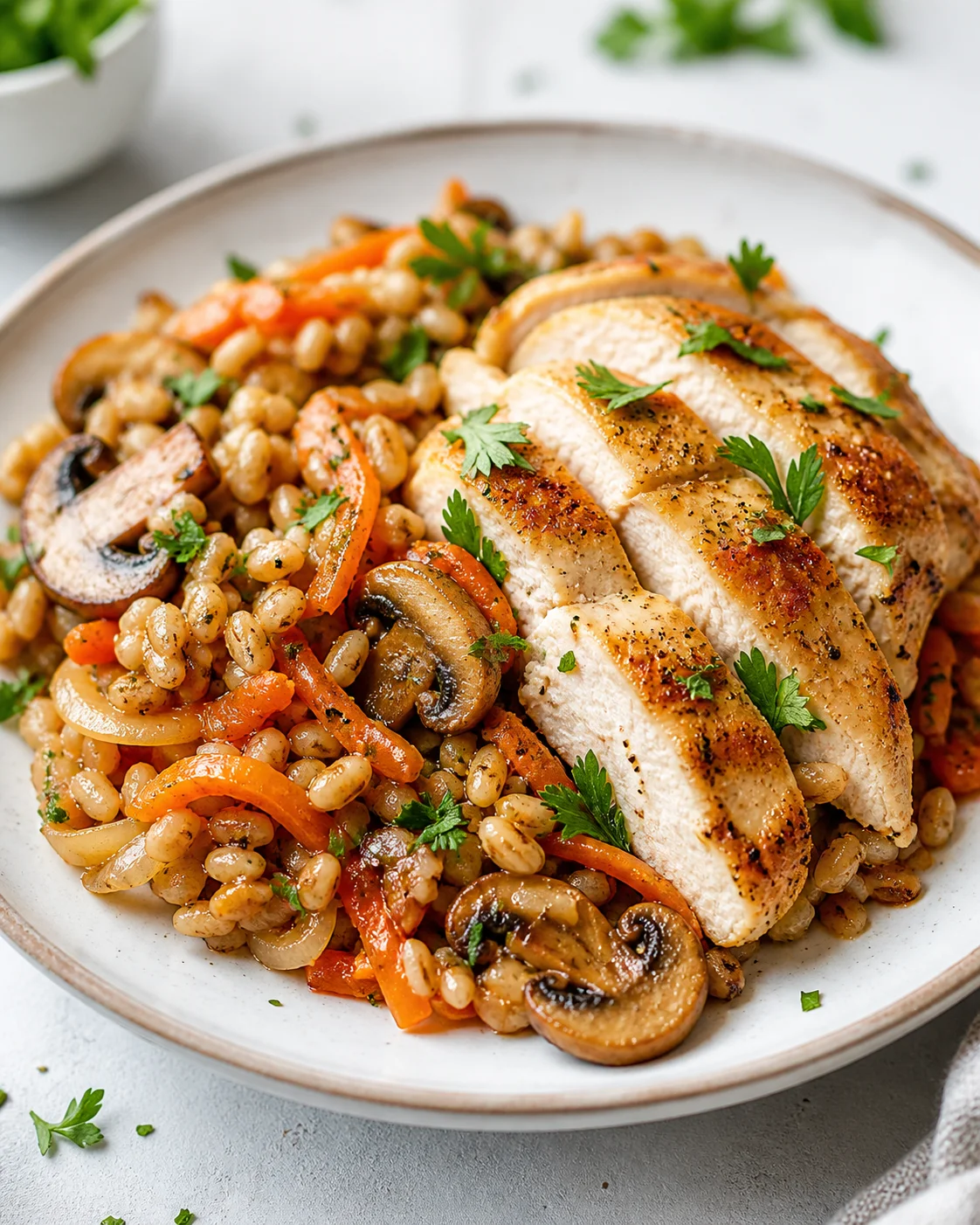 Chicken fillet with pearl barley and sautéed vegetables