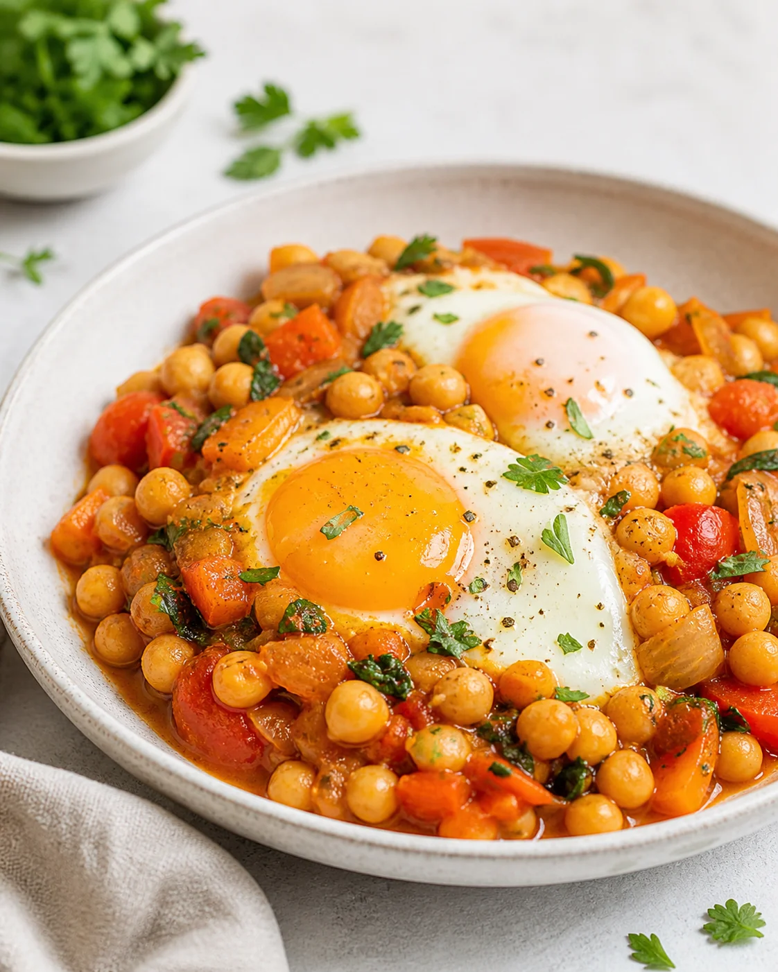 Chickpeas with vegetables and egg