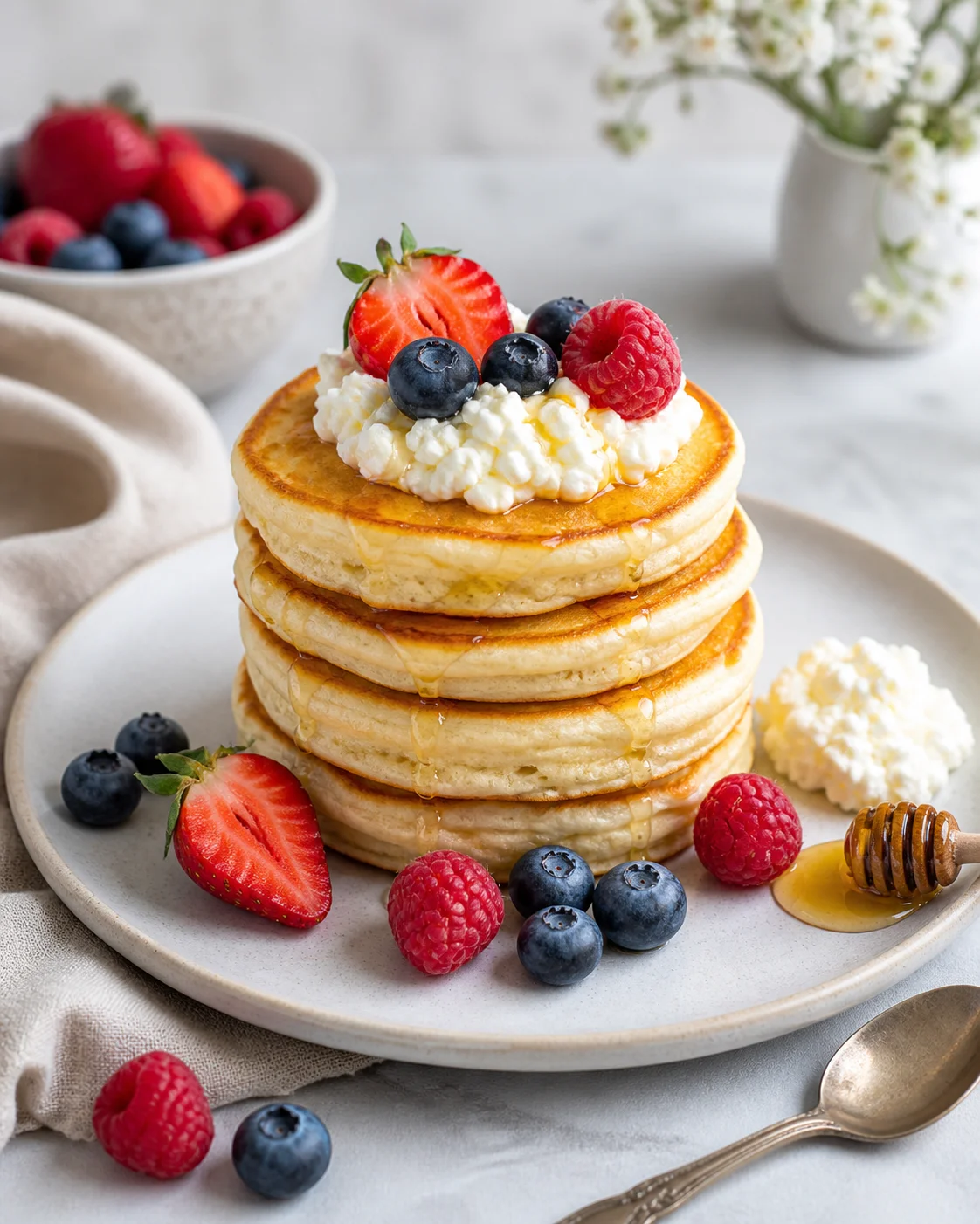 Kefir pancakes with curd cheese and berries