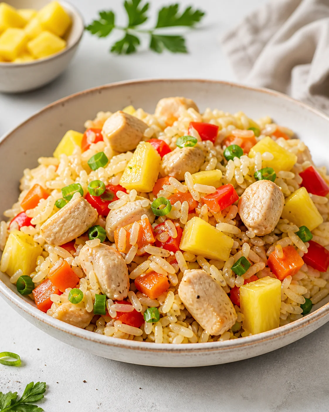 Рис із куркою, ананасом і овочами