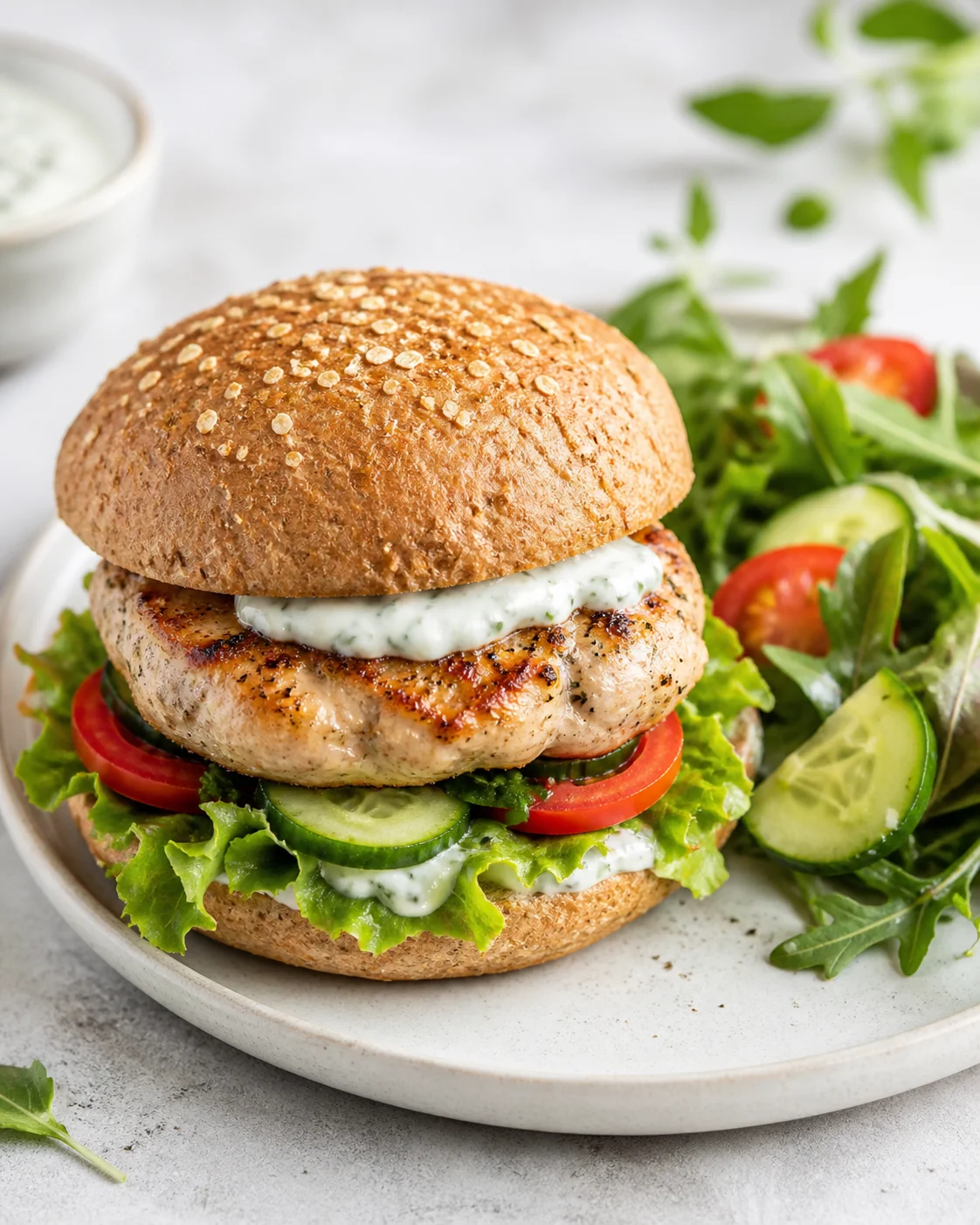 Homemade burger with chicken and yogurt sauce