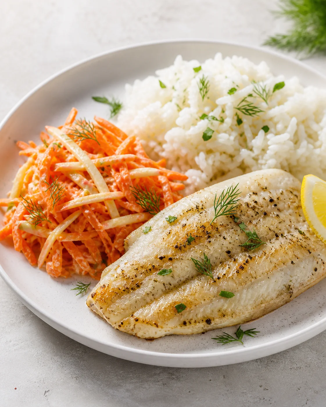Baked Alaska pollock with rice and carrot salad