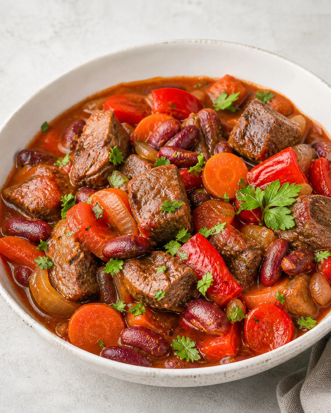 Braised beef with vegetables and beans
