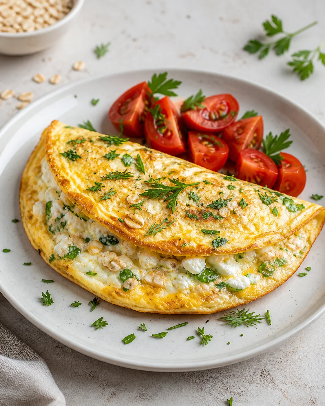 Curd cheese omelette with oats and herbs