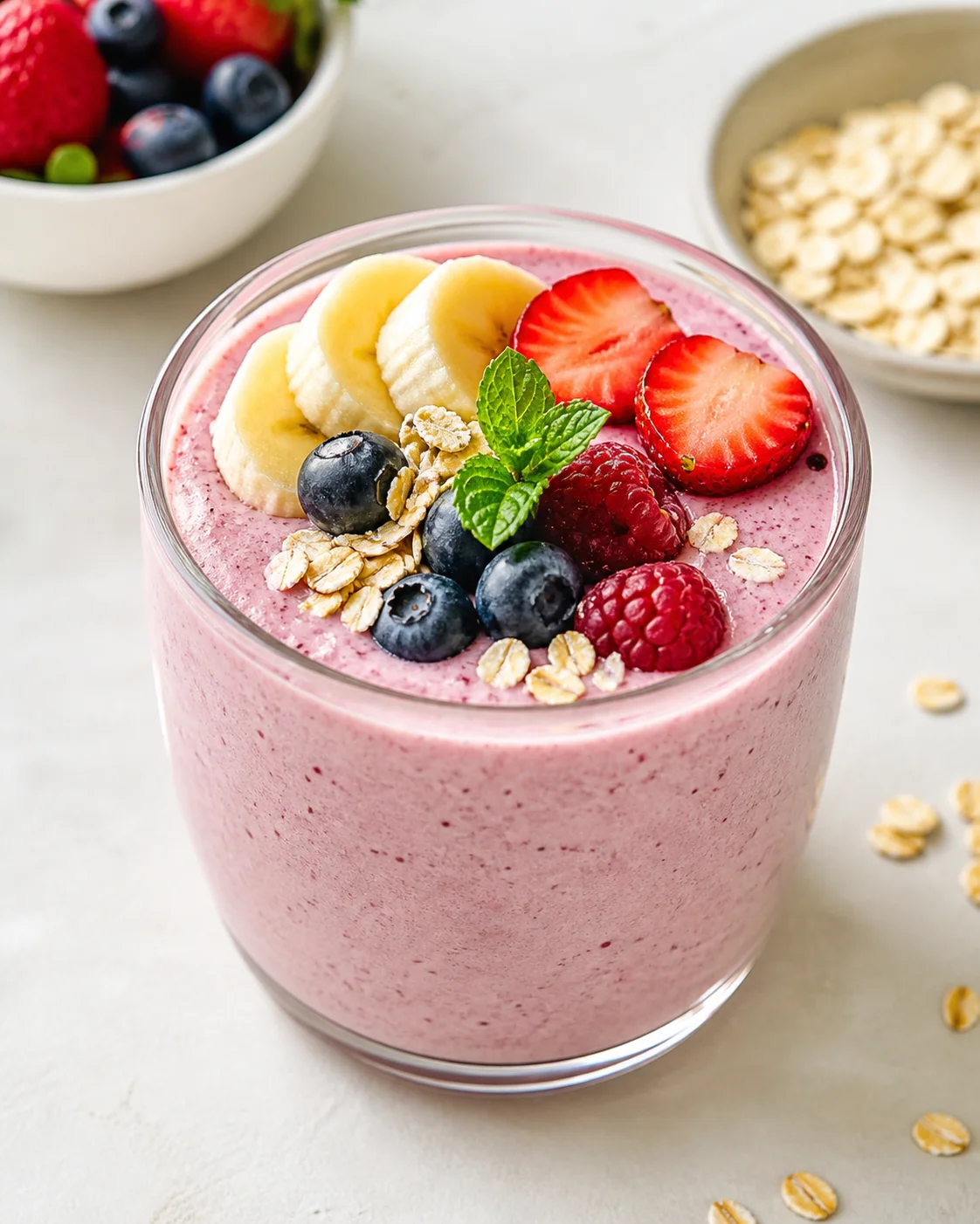 Curd cheese smoothie with banana, berries and oats